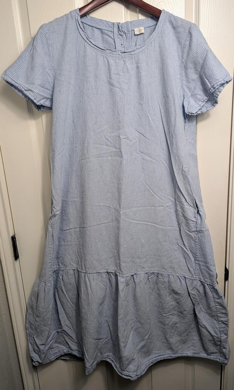 Poetry Dress Large Blue Striped Short Sleeve Drop Waist Midi Swing Lagenlook